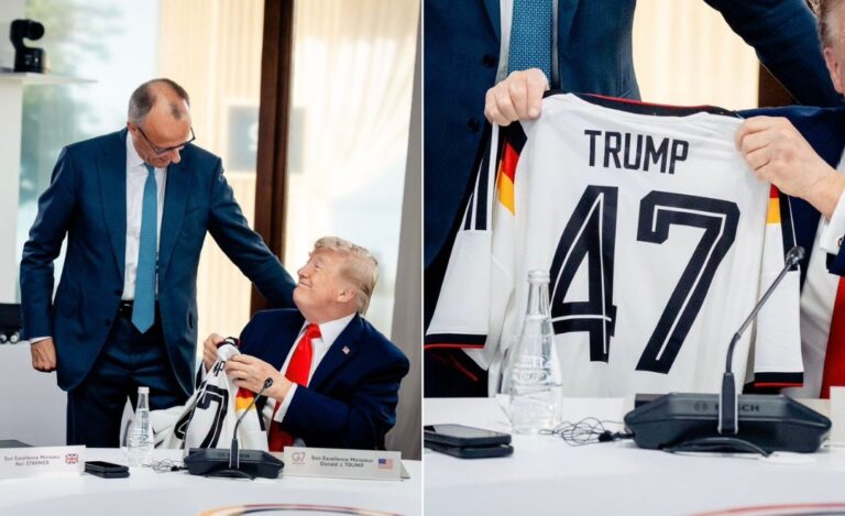 video-–-no-g7,-merz-bajula-trump-com-‘camisa-47’-da-alemanha-e-mensagem-de-apoio