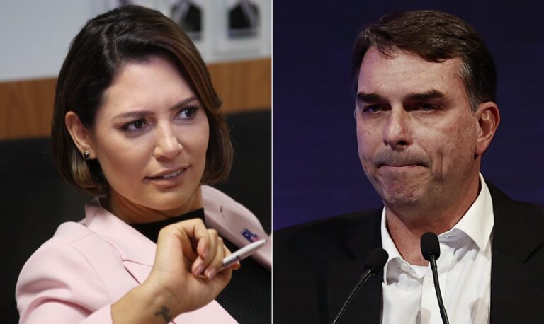 michelle-bolsonaro-e-flavio-bolsonaro-em-montagem-com-retratos.