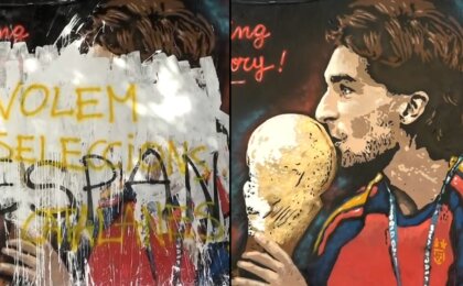 em-barcelona-apos-titulo-da-espanha,-mural-de-ferran-torres-amanhece-pichado