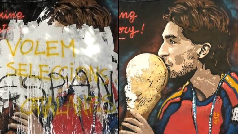 em-barcelona-apos-titulo-da-espanha,-mural-de-ferran-torres-amanhece-pichado