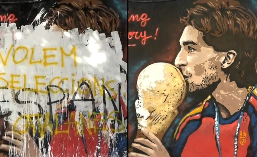 em-barcelona-apos-titulo-da-espanha,-mural-de-ferran-torres-amanhece-pichado