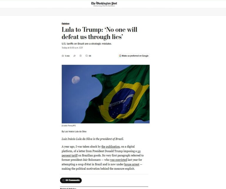 lula-reage-a-trump-em-artigo-no-washington-post:-‘ninguem-nos-derrotara-com-mentiras’