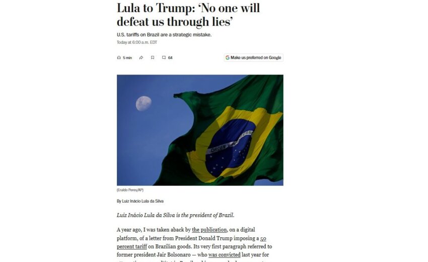 lula-reage-a-trump-em-artigo-no-washington-post:-‘ninguem-nos-derrotara-com-mentiras’